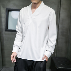 新中式秋装交领衬衫大码男 长袖中式衬衣汉服改良套头衫C310-P75图片
