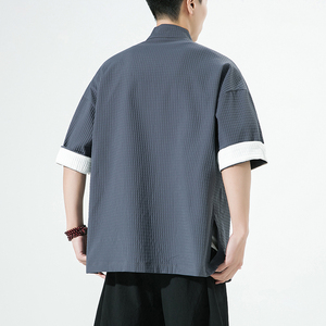 白墙夏季男士衬衫宽松七分袖衬衣刺绣潮流格子大码男装 SY12-P65图片