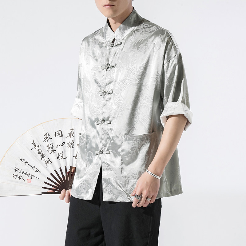 春夏新款风绸缎提花冰丝立领汉服唐装休闲大码短袖SY03-P55,男装衬衫,星座301D-2(原钱塘4011)