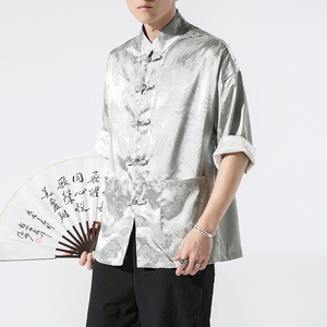 春夏新款风绸缎提花冰丝立领汉服唐装休闲大码短袖SY03-P55图片