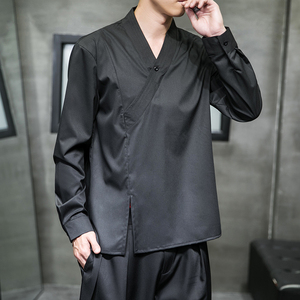新中式秋装交领衬衫大码男 长袖中式衬衣汉服改良套头衫C310-P75图片