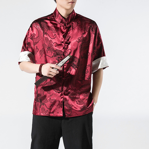 春夏新款风绸缎提花冰丝立领汉服唐装休闲大码短袖SY03-P55,男装衬衫,星座301D-2(原钱塘4011)