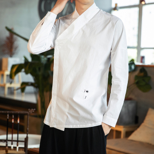 仙鹤刺绣男改良汉服男士唐装打底衫大码内搭元素中式长袖衬衫上衣图片