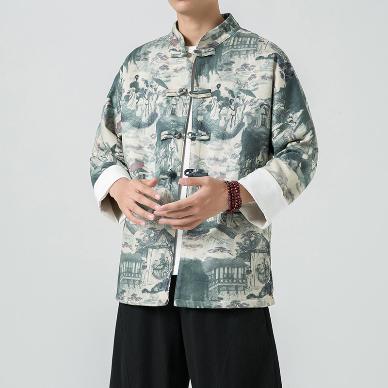 秋风男装鹿皮绒盘扣复古夹克唐装汉服外套XZ301D-2/JK35-P105,男装民族服装,星座301D-2(原钱塘4011)