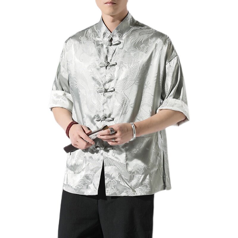 春夏新款风绸缎提花冰丝立领汉服唐装休闲大码短袖SY03-P55,男装衬衫,星座301D-2(原钱塘4011)