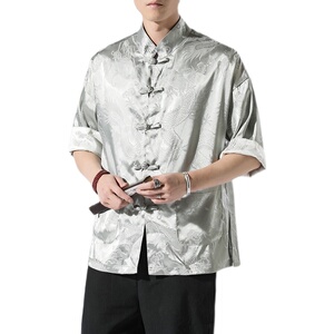 春夏新款风绸缎提花冰丝立领汉服唐装休闲大码短袖SY03-P55图片