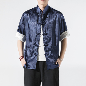 春夏新款风绸缎提花冰丝立领汉服唐装休闲大码短袖SY03-P55图片