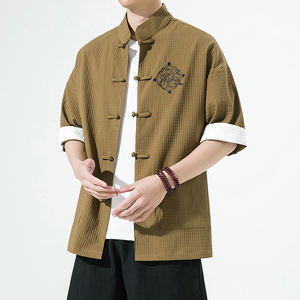 白墙夏季男士衬衫宽松七分袖衬衣刺绣潮流格子大码男装 SY12-P65图片
