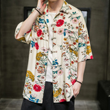 风男装短袖花衬衫碎花沙滩衬衣中式盘扣唐装QT4011-SY06-P50，男装衬衫，星座301D-2(原钱塘4011)