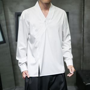 新中式秋装交领衬衫大码男长袖中式衬衣汉服改良套头衫C310-P75