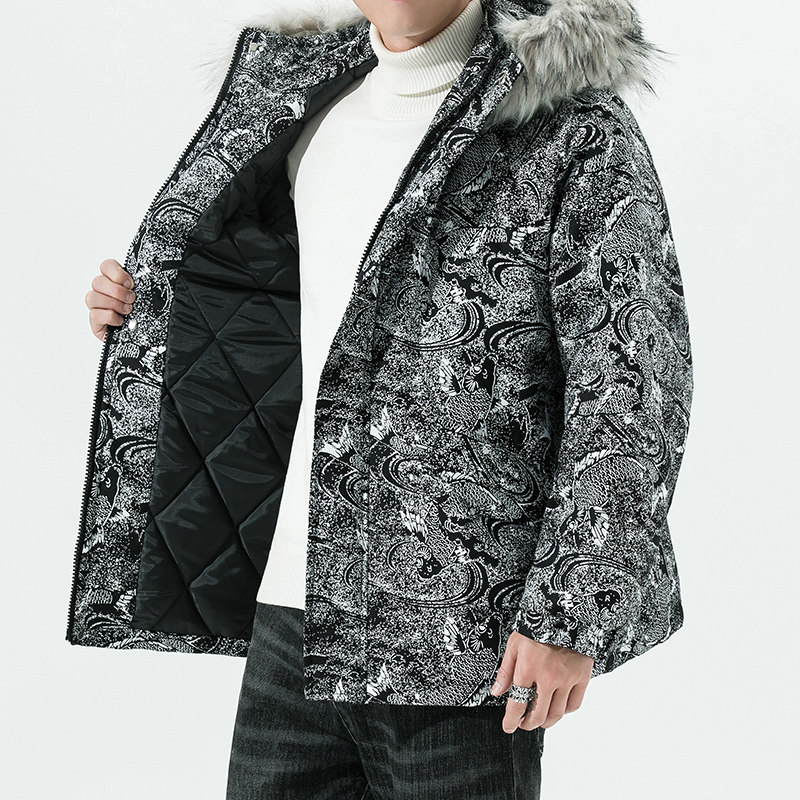 锦鲤鱼印花毛领连帽宽松棉衣男女生棉服外套棉袄-M66-P130大货，男装棉衣，星座301D-2(原钱塘4011)