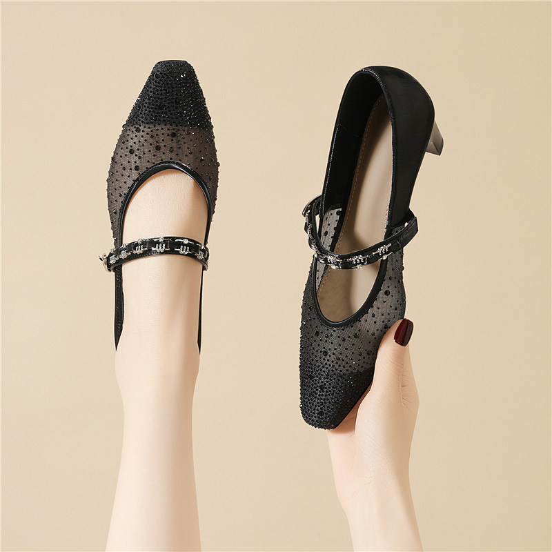 黑色高跟鞋女款一字扣带2025新款春夏季法式水钻细跟职业通勤单鞋