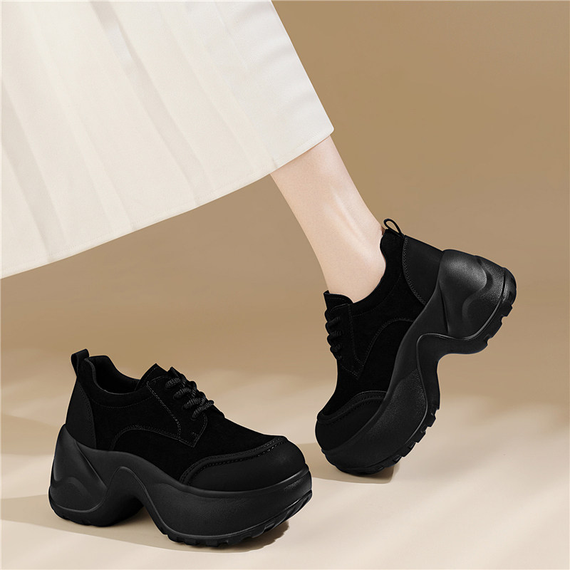 厚底休闲鞋女款增高2025新款春秋季百搭松糕底软底舒适黑色小皮鞋
