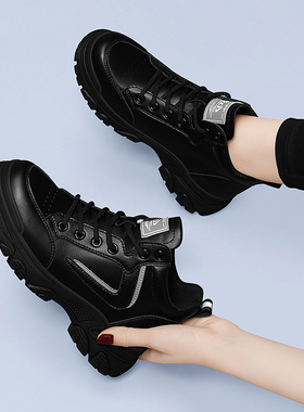 黑色高帮鞋女款春秋季2025新款百搭厚底增高休闲鞋冬款加绒老爹鞋