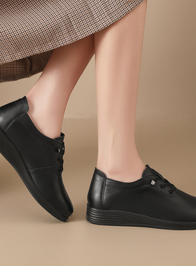 黑色休闲深口单鞋女款2026新款春秋季平底圆头妈妈鞋时尚气质皮鞋