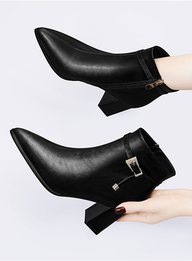 黑色马丁靴女款2025新款冬季加绒粗跟高跟保暖短靴时尚潮流时装靴