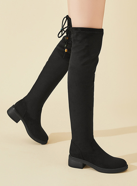 过膝长筒靴女2025新款冬季加绒保暖粗跟瘦瘦靴黑色系带显瘦中筒靴