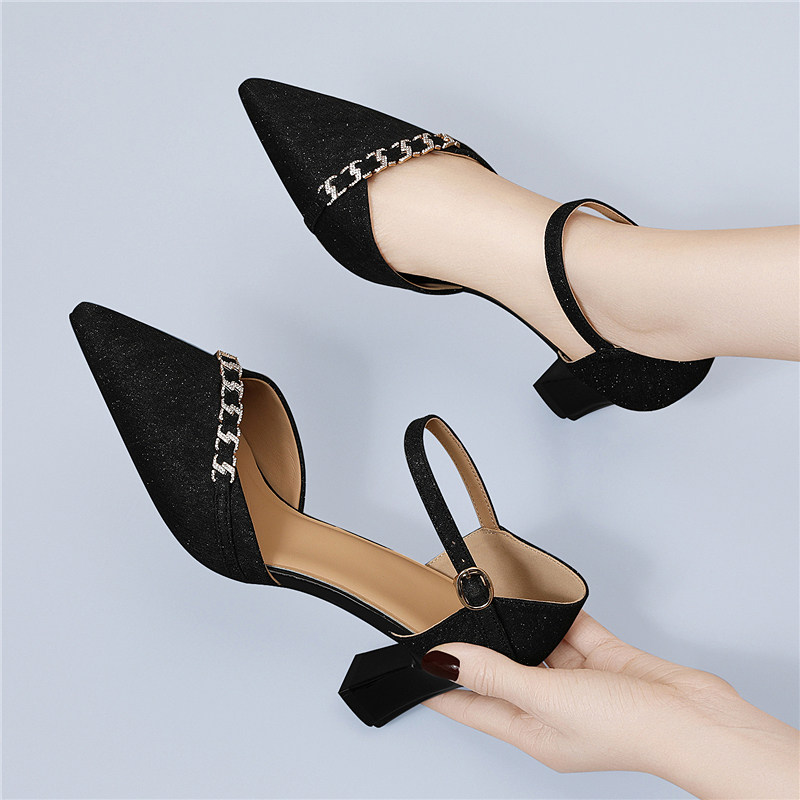 2025年新款夏季一字带黑色高跟鞋尖头性感绝美气质百搭包头凉鞋女