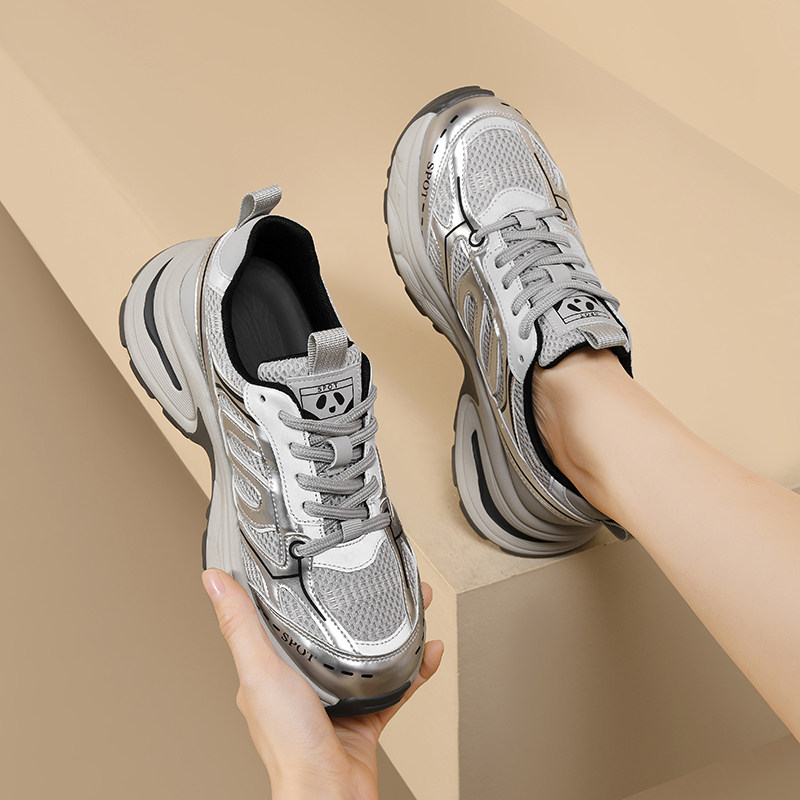 厚底银色老爹鞋女2025新款秋季百搭软底轻便休闲运动鞋小个子增高