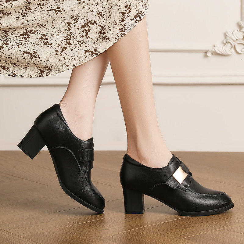 真皮粗跟深口单鞋女款2026新款春季黑色通勤风复古百搭中跟小皮鞋,女鞋,深口单鞋,淘宝优惠券,粉丝福利购,淘宝优惠卷