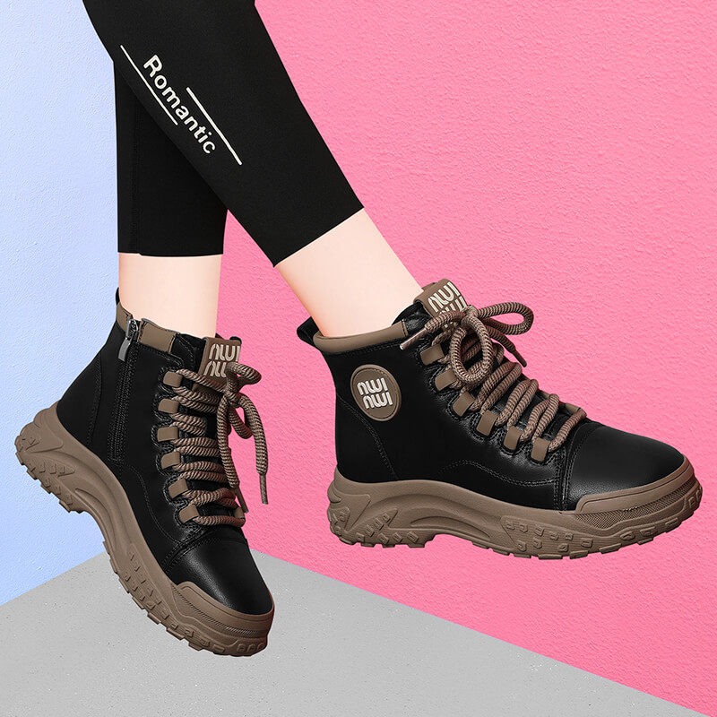 黑色真皮马丁靴女2026新款春秋季高帮鞋厚底休闲运动冬款加绒短靴