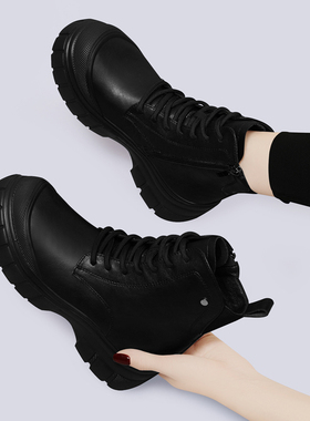 黑色马丁靴女冬季加绒2025新款时尚厚底瘦瘦靴英伦风真皮软底短靴