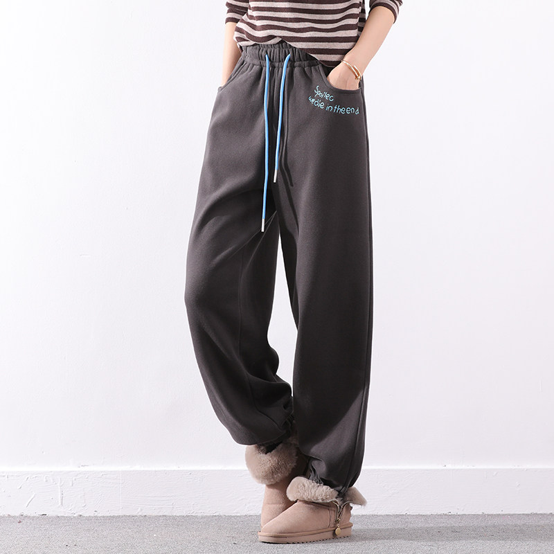 皇森冬季韩版大码刺绣运动束脚休闲裤宽松显瘦加绒加厚保暖卫裤女