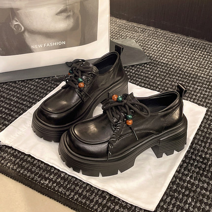 乐福鞋子女2025春秋新款7厘米软厚底小个子增高英伦风工作小皮鞋