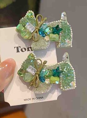 韩国新款可爱小狗绿色水钻蝴蝶结发夹精致发卡刘海侧边碎发夹头饰