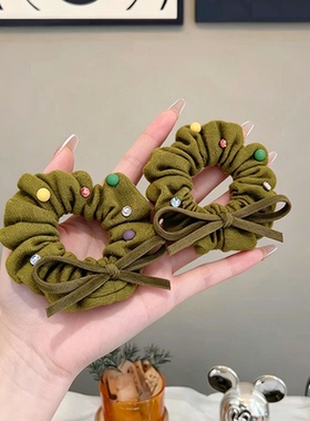韩系牛油果绿蝴蝶结头绳大肠发圈重工彩珠高颜值扎马尾发绳发饰