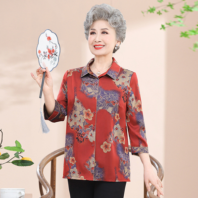 奶奶夏装衬衫中老年女装夏季上衣喜庆妈妈装老人太太衬衣服七分袖