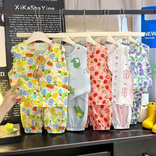 【A类棉绸】儿童套装夏季新款背心九分裤两件装男女宝宝洋气百搭