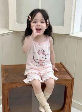 乖布童夏季儿童吊带套装莫代尔花边女童中小童卡通透气舒适