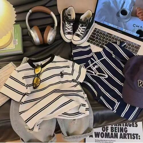 儿童纯棉夏季短袖T恤宝宝复古色系条纹男女童圆领透气半袖打底衫