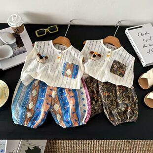 新款夏季儿童无袖背心套装男女童宝韩版透气凉感休闲时尚洋气薄款