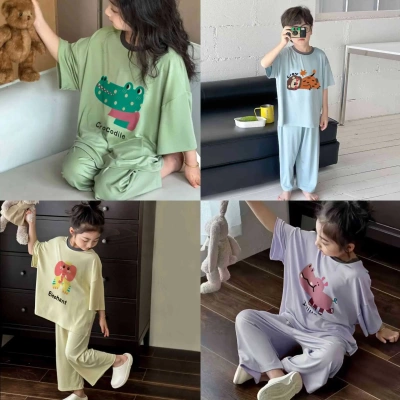 儿童莫代尔套装新款家居服七分袖睡衣男童女童轻薄透气夏天空调服