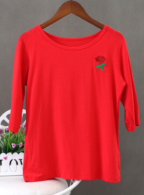 广场舞绣花棉T恤女红色黑色五分袖上衣舞蹈练功服莫代尔圆领t恤衫