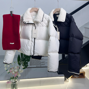 EASE韩系小香风拼接羽绒服女短款羊羔毛领撞色加厚面包服外套