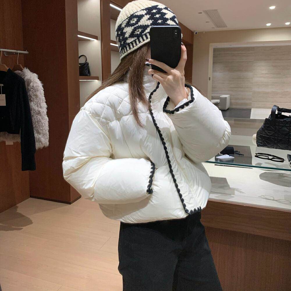 EASE韩系小香风拼接羽绒服女短款羊羔毛领撞色加厚面包服外套