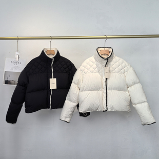 EASE韩系小香风拼接羽绒服女冬短款羊羔毛领撞色加厚90白鸭绒外套
