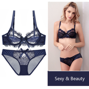 欧美超薄透明性感蕾丝文胸套装聚拢内衣大码无海绵薄款胸罩女蓝