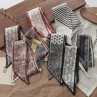 复古色系双面印花飘带ins风设计感质感斜角长条丝巾装 饰腰带领带