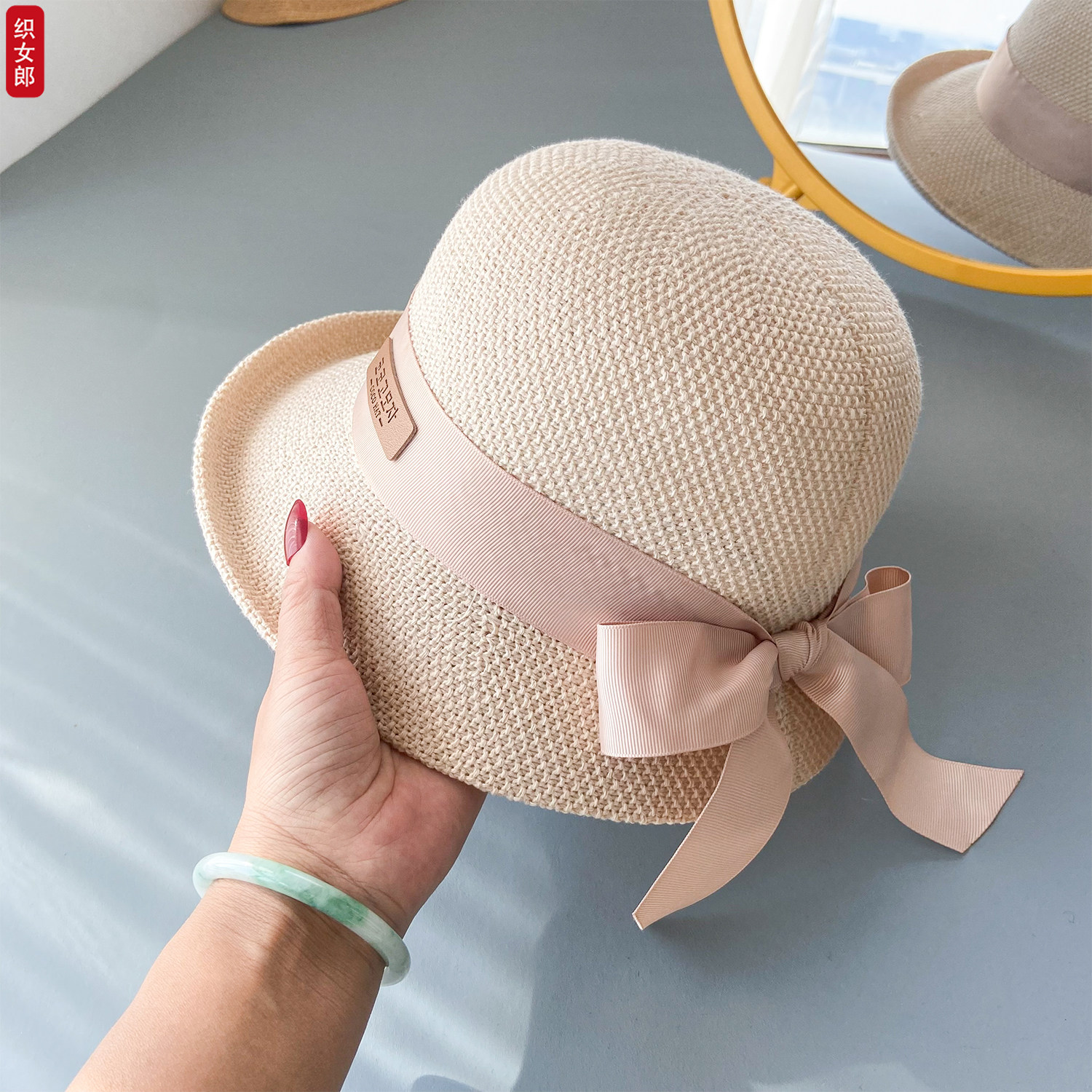 棉麻透气帽子女款春夏季遮阳帽时尚法试百搭蝴蝶结卷边小头围盆帽