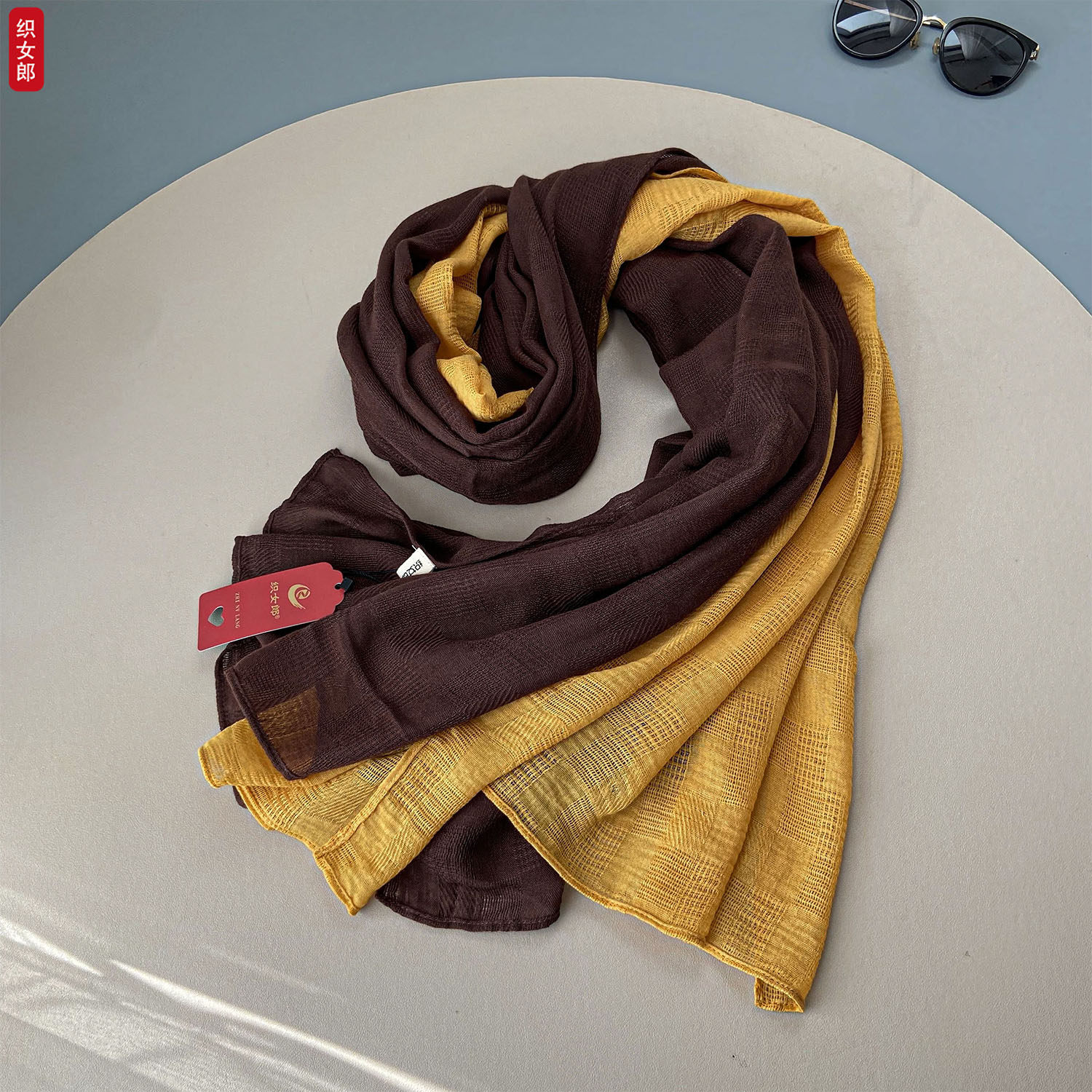 镂空双色拼接棉麻围巾女秋冬季长款拼色亚麻丝巾披肩两用韩版围脖