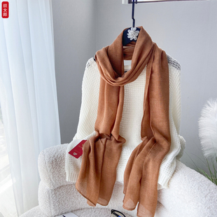细窄长条棉麻围巾女春秋冬薄护颈围脖丝巾韩版百搭纯色纱巾卡其色