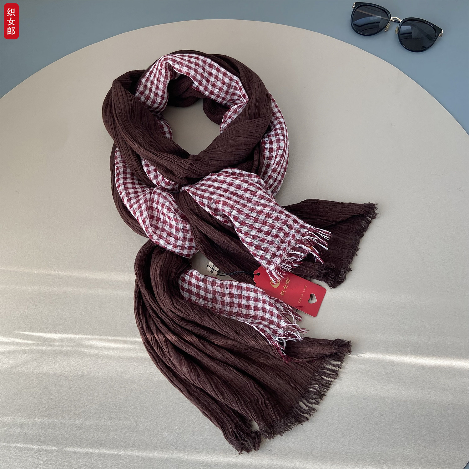 26新款不规则拼接棉麻围巾女春秋冬长款围脖全棉文艺亚麻丝巾双色