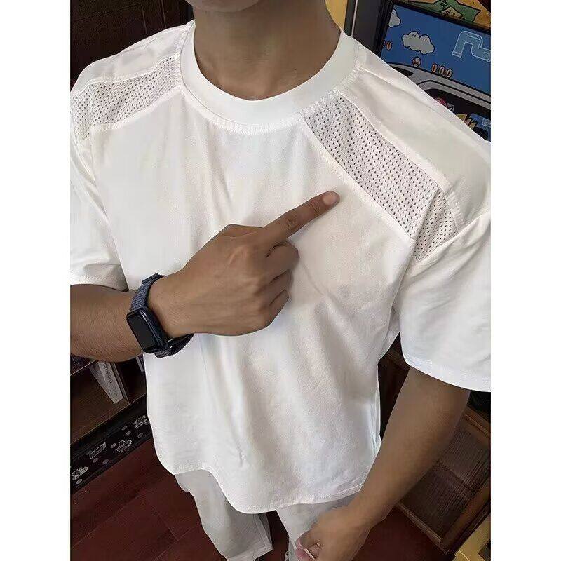 白色网眼拼接透气速干衣男款夏季冰丝凉感短袖t恤户外运动骑行服