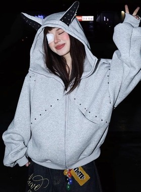 LIL CHER灰色宽松廓形感连帽卫衣女oversize拉链加绒加厚外套质感