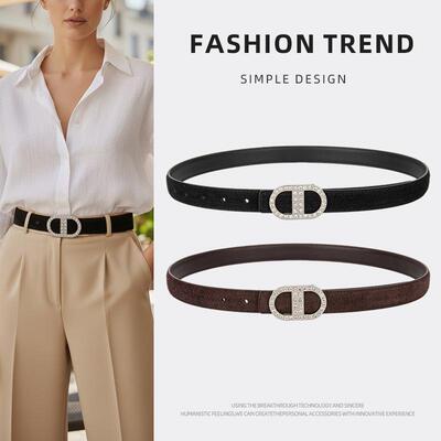 高级感CD扣水钻皮带女百搭通勤西装牛仔裤裙子两用裤腰带二层牛皮