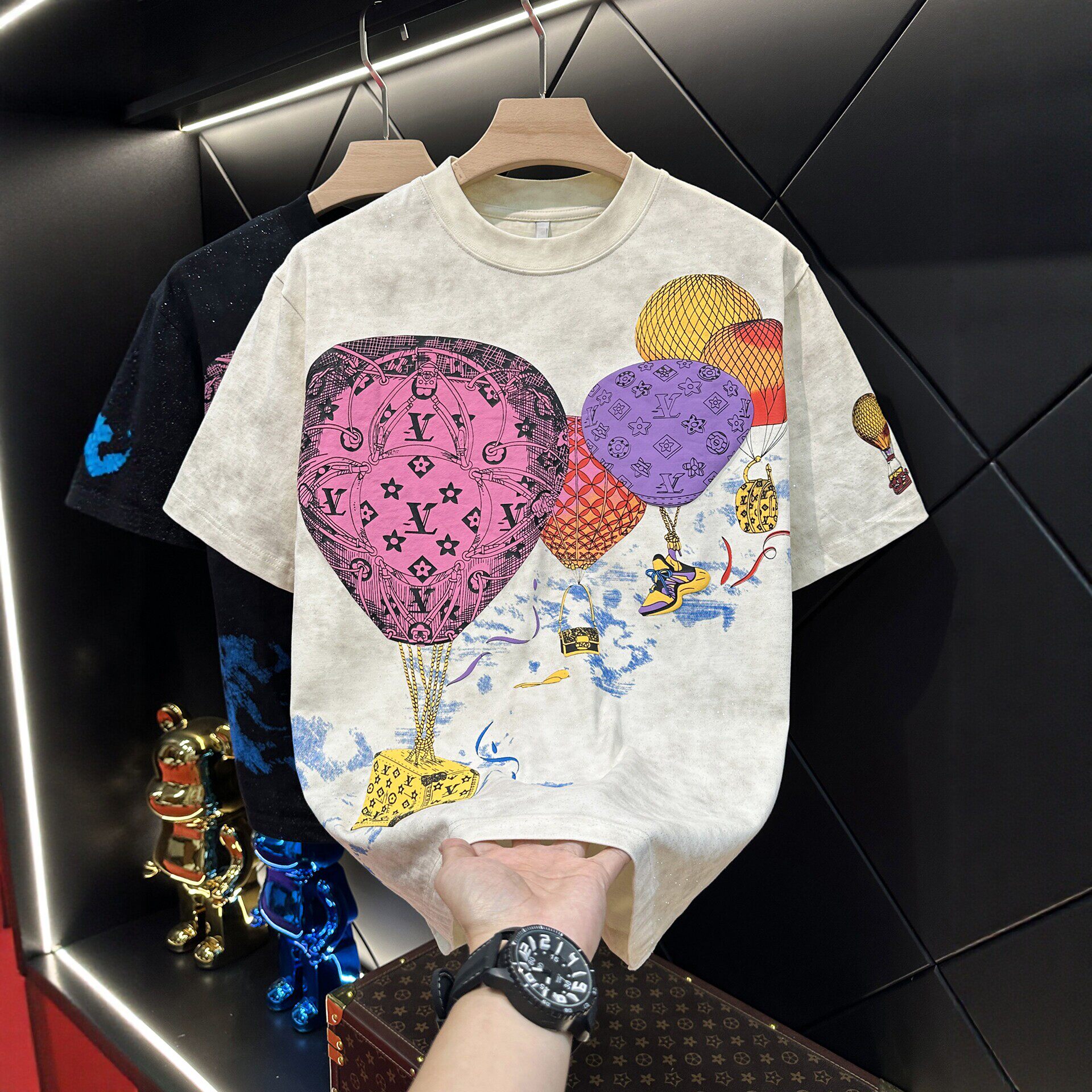 欧货潮牌高级感新款男美式彩色热气球印花短袖T恤满天星百搭上衣